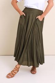 Model Lauraw wearing size 14 of the Belle Easy Wear Every Wear Skirt – Khaki in colour Khaki, in a cropped view