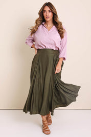 Model Lauraw wearing size 14 of the Belle Easy Wear Every Wear Skirt – Khaki in colour Khaki, from the front