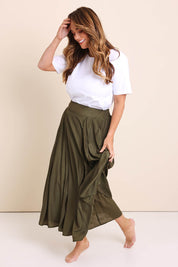 Model Lauraw wearing size 14 of the Belle Easy Wear Every Wear Skirt – Khaki in colour Khaki, from the front