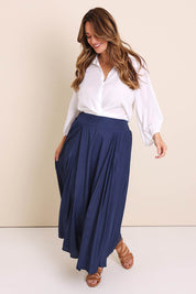 Model Lauraw wearing size 14 of the Belle Easy Wear Every Wear  Skirt  - Navy in colour Navy, from the front
