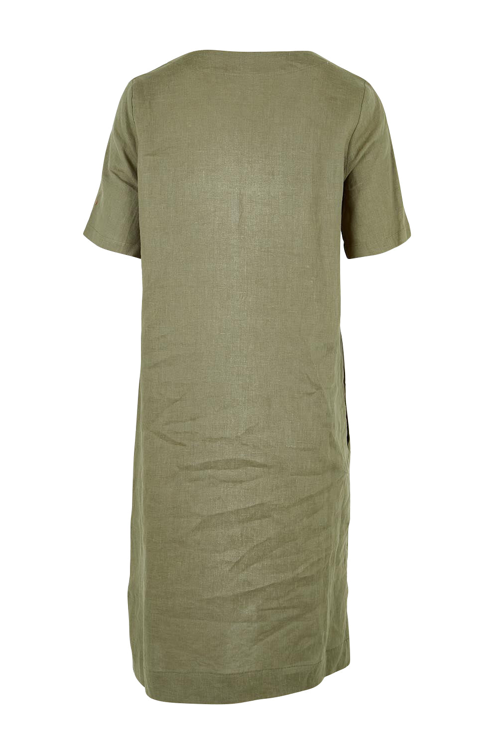 Product shot of the Belle Easy Wear Linen Dress With Pockets – Olive in colour Olive, from the back