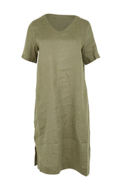 Product shot of the Belle Easy Wear Linen Dress With Pockets – Olive in colour Olive, from the front