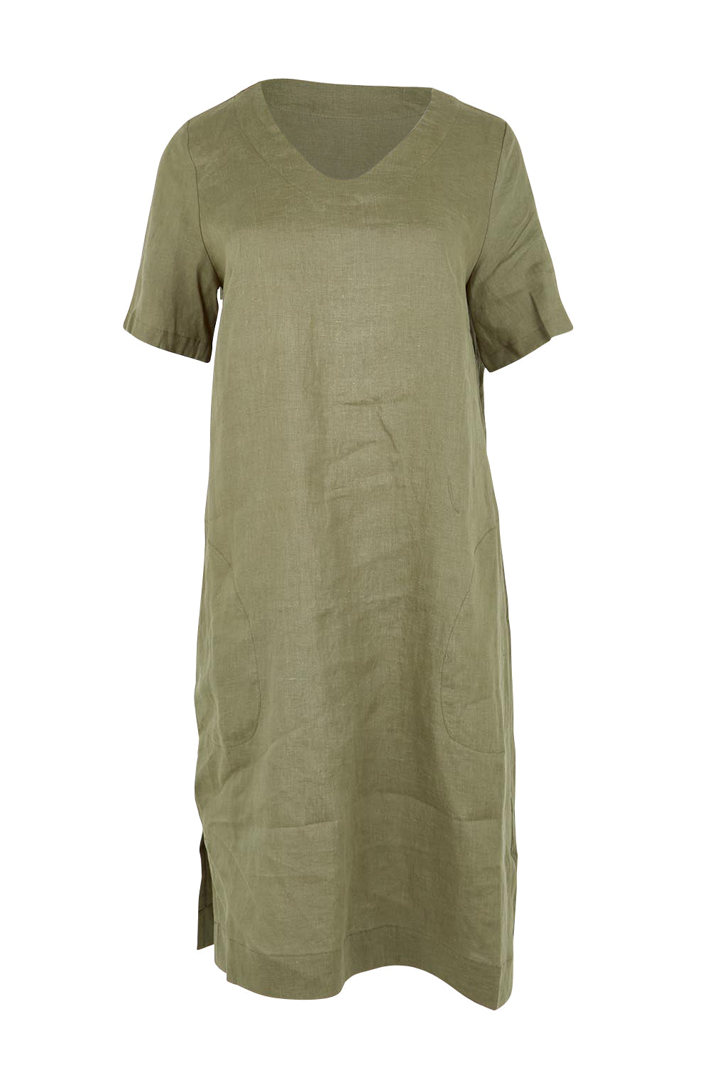 Product shot of the Belle Easy Wear Linen Dress With Pockets – Olive in colour Olive, from the front