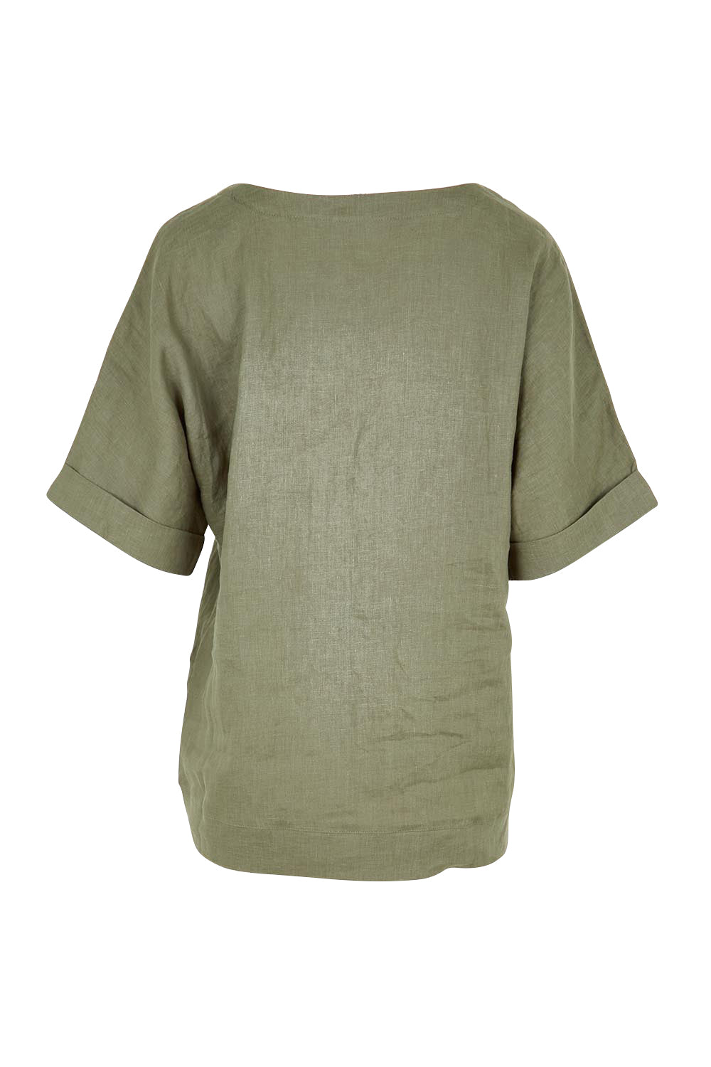 Product shot of the Belle Easy Wear Linen Scoop Tee – Olive in colour Olive, from the back