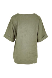 Product shot of the Belle Easy Wear Linen Scoop Tee – Olive in colour Olive, from the back