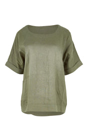Product shot of the Belle Easy Wear Linen Scoop Tee – Olive in colour Olive, from the front