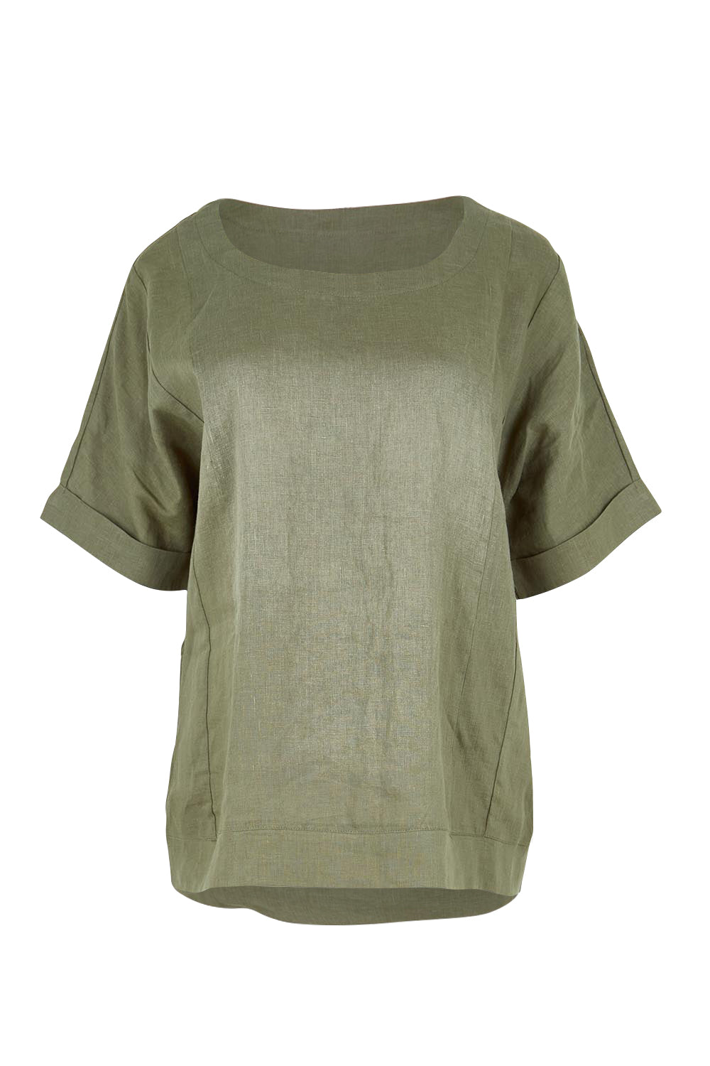 Product shot of the Belle Easy Wear Linen Scoop Tee – Olive in colour Olive, from the front
