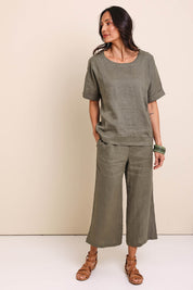 Model Amandam wearing size 10 of the Belle Easy Wear Linen Pant – Olive in colour Olive, from the front