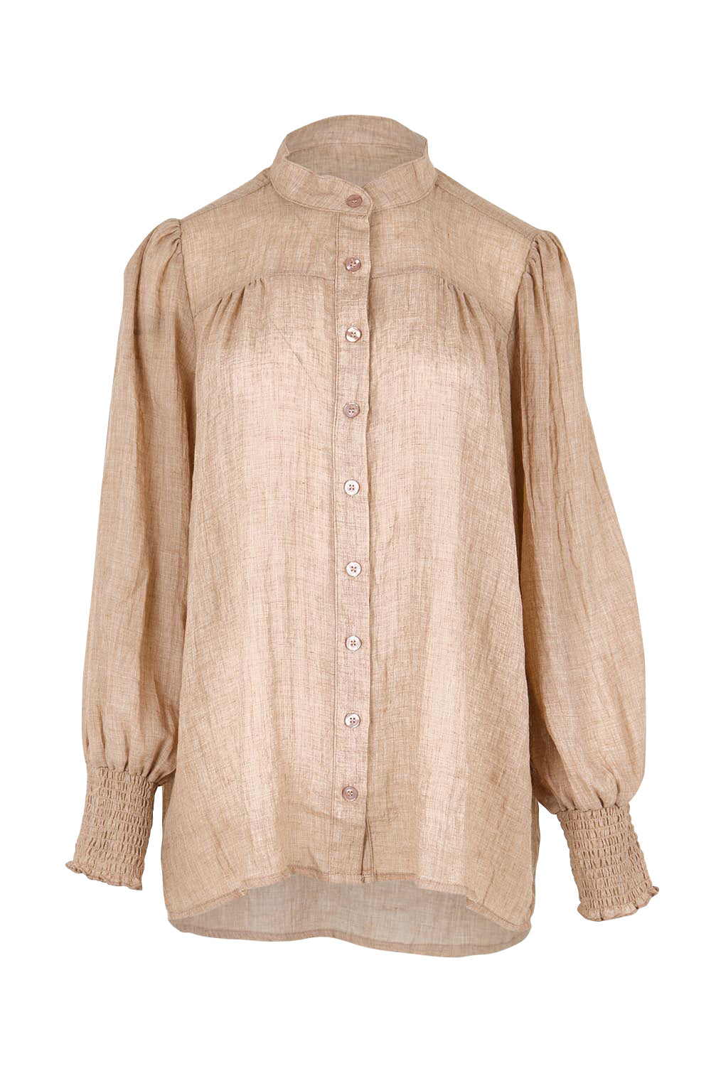 Product shot of the Belle Shirred Sleeve Shirt – Warmsand in colour Warmsand, from the front