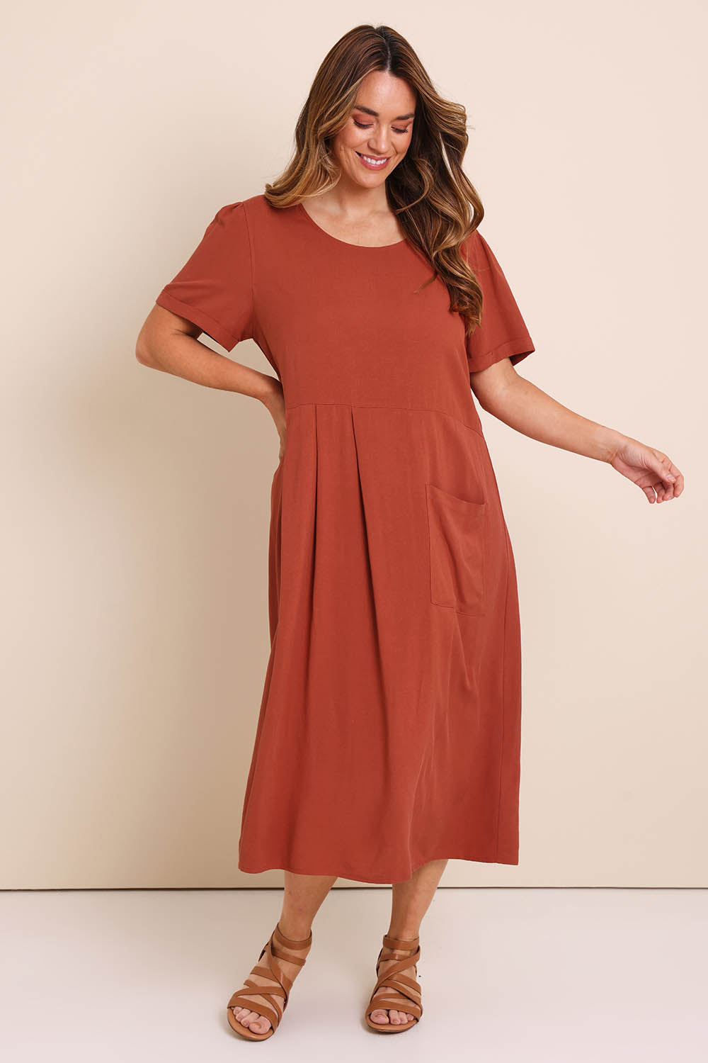 Model Lauraw wearing size 14 of the Belle Wear Anywhere Maxi Dress  - Sienna in colour Sienna, from the front