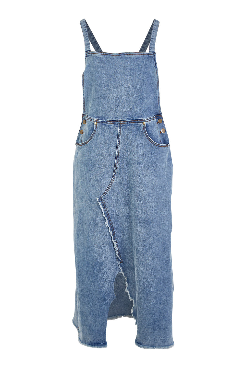 Product shot of the Happy Me Denim Pinny in colour Denim (Blue), from the front