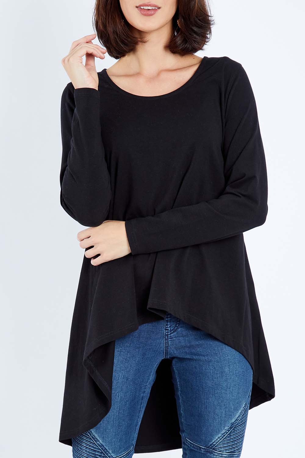 Model Andrea wearing size 10 of the Sunshine In Me Long Sleeve Tee in colour Black (Black), from the front, cropped image