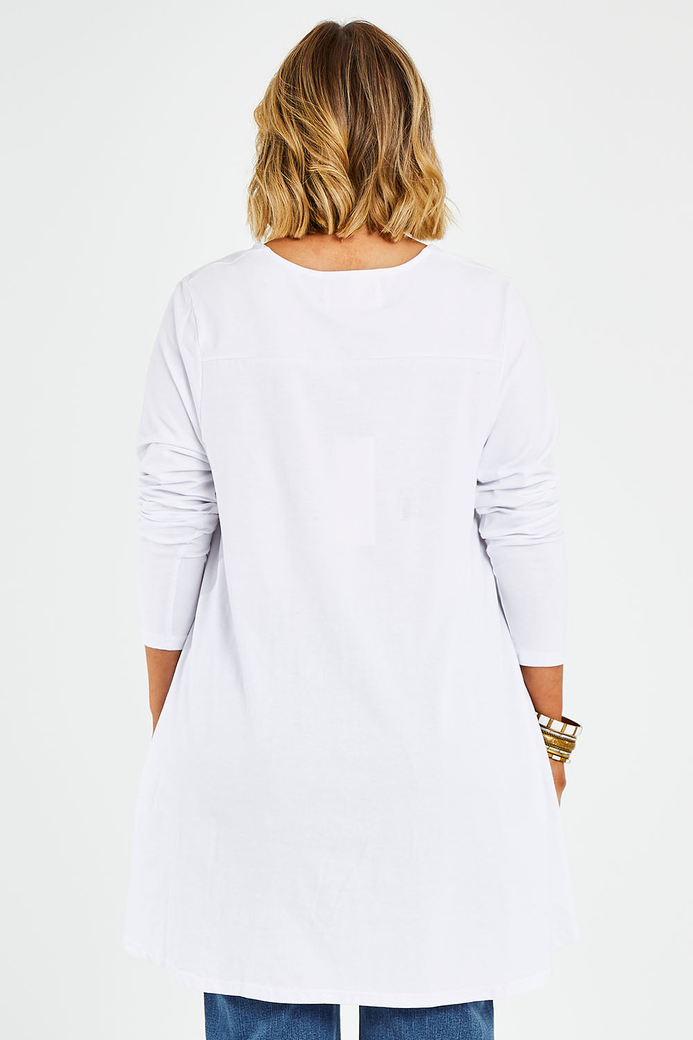 Model Jess wearing size 14 of the Sunshine In Me Long Sleeve Tee in colour White (White), from the back