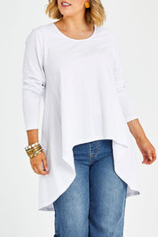 Model Jess wearing size 14 of the Sunshine In Me Long Sleeve Tee in colour White (White), from the front, cropped image