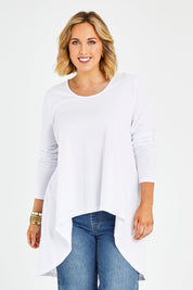 Model Jess wearing size 14 of the Sunshine In Me Long Sleeve Tee in colour White (White), from the front, cropped image
