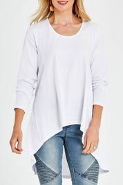 Model Kelly wearing size 10 of the Sunshine In Me Long Sleeve Tee in colour White (White), from the front, cropped image