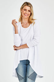 Model Kelly wearing size 10 of the Sunshine In Me Long Sleeve Tee in colour White (White), from the front, cropped image