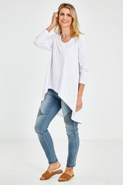 Model Kelly wearing size 10 of the Sunshine In Me Long Sleeve Tee in colour White (White), from the front, showing the whole outfit