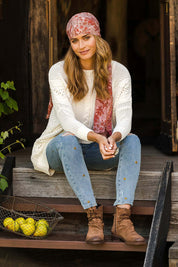 Model Ilona wearing size 10 of the Paper Daisy High Waisted Jeans in colour Denim (Blue), from the front, showing the whole outfit
