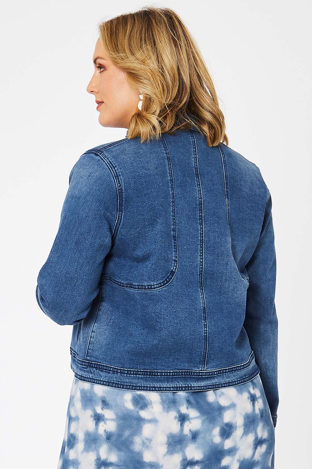 Model Jess wearing size 14 of the I Have Got This Denim Jacket in colour Denim (Blue), from the back