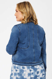 Model Jess wearing size 14 of the I Have Got This Denim Jacket in colour Denim (Blue), from the back