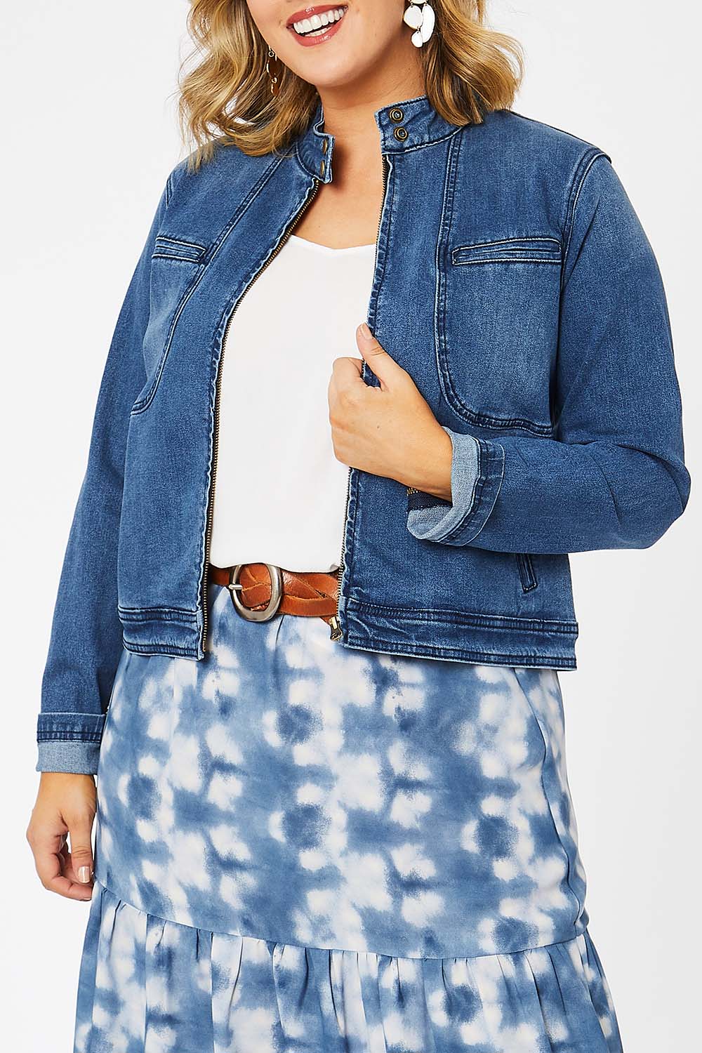 Model Jess wearing size 14 of the I Have Got This Denim Jacket in colour Denim (Blue), from the front, cropped image
