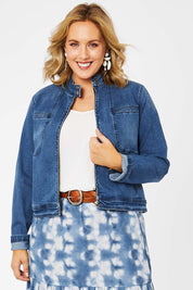Model Jess wearing size 14 of the I Have Got This Denim Jacket in colour Denim (Blue), from the front, cropped image