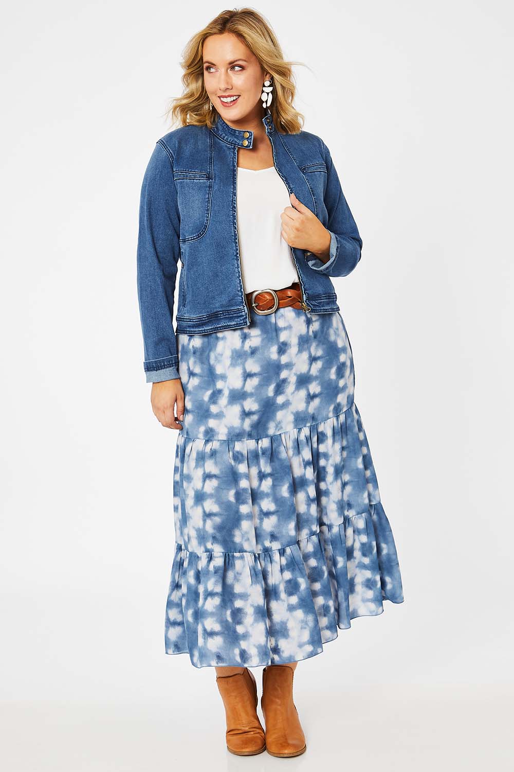 Model Jess wearing size 14 of the I Have Got This Denim Jacket in colour Denim (Blue), from the front, showing the whole outfit