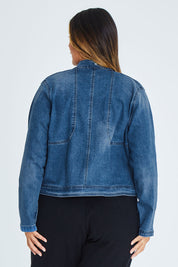 Model Palatina wearing size 16 of the I Have Got This Denim Jacket in colour Denim (Blue), from the back