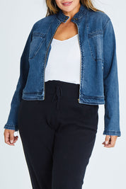 Model Palatina wearing size 16 of the I Have Got This Denim Jacket in colour Denim (Blue), from the front, cropped image