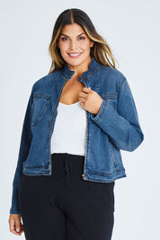 Model Palatina wearing size 16 of the I Have Got This Denim Jacket in colour Denim (Blue), from the front, cropped image