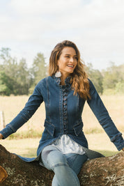Model Ilona wearing size 10 of the Attention To Me Denim Jacket in colour Denim (Blue), from the front, showing the whole outfit