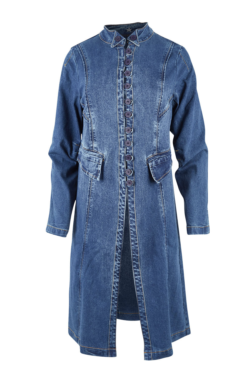 Product shot of the Attention To Me Denim Jacket in colour Denim (Blue), from the front