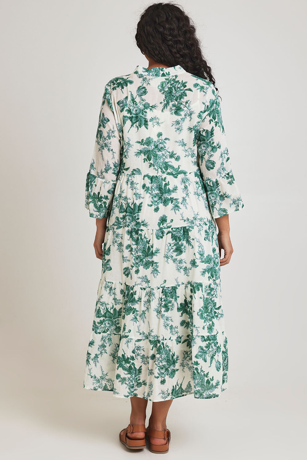 Model Terri-Leigh wearing size 14 of the Its Easy Loving You Tiered Dress in colour Greenfleur (Green), from the back