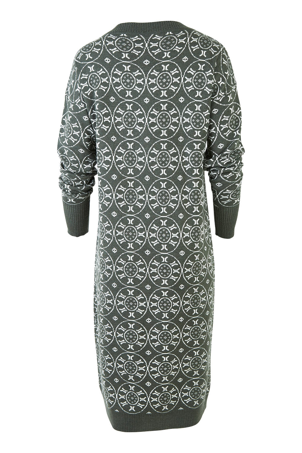 Product shot of the Fields Of Folly Cardi in colour Forest (Green), from the back