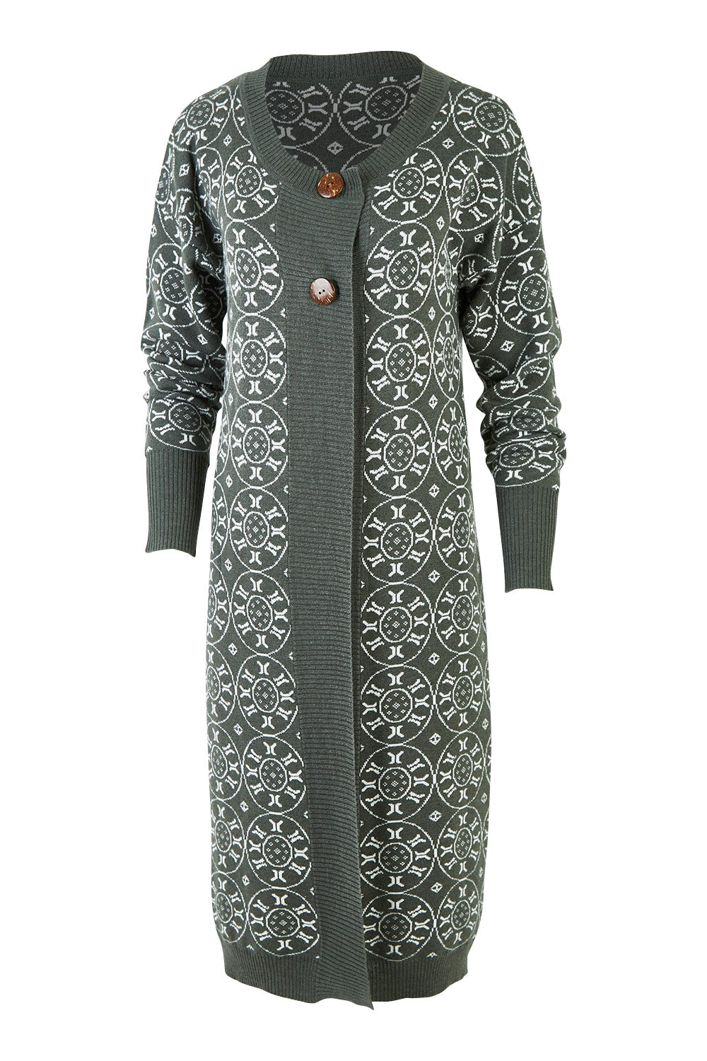 Product shot of the Fields Of Folly Cardi in colour Forest (Green), from the front
