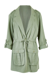 Product shot of the Chill Out Calling Jacket in colour Khaki (Green), detail
