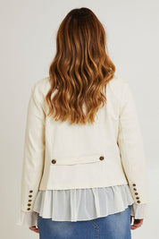 Model Laura wearing size 14 of the Commander Of Love Jacket in colour Ecru, from the back