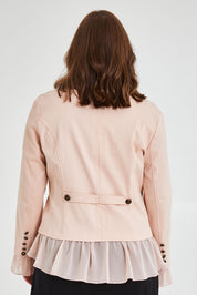 Model Monique wearing size 14 of the Commander Of Love Jacket in colour Palepink (Pink), from the back