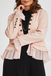 Model Monique wearing size 14 of the Commander Of Love Jacket in colour Palepink (Pink), from the front, cropped image