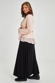 Model Monique wearing size 14 of the Commander Of Love Jacket in colour Palepink (Pink), from the front, showing the whole outfit