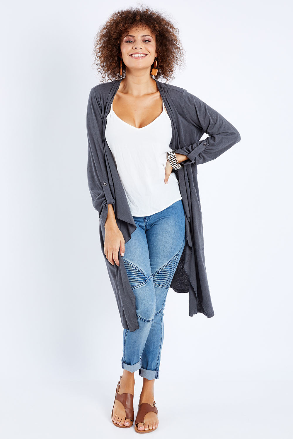 Model Lala wearing size 10 of the Elegant Slumming Cardi in colour Slate (Grey), from the front, showing the whole outfit