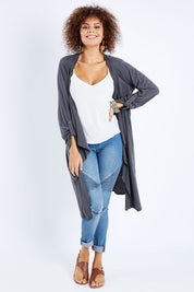 Model Lala wearing size 10 of the Elegant Slumming Cardi in colour Slate (Grey), from the front, showing the whole outfit