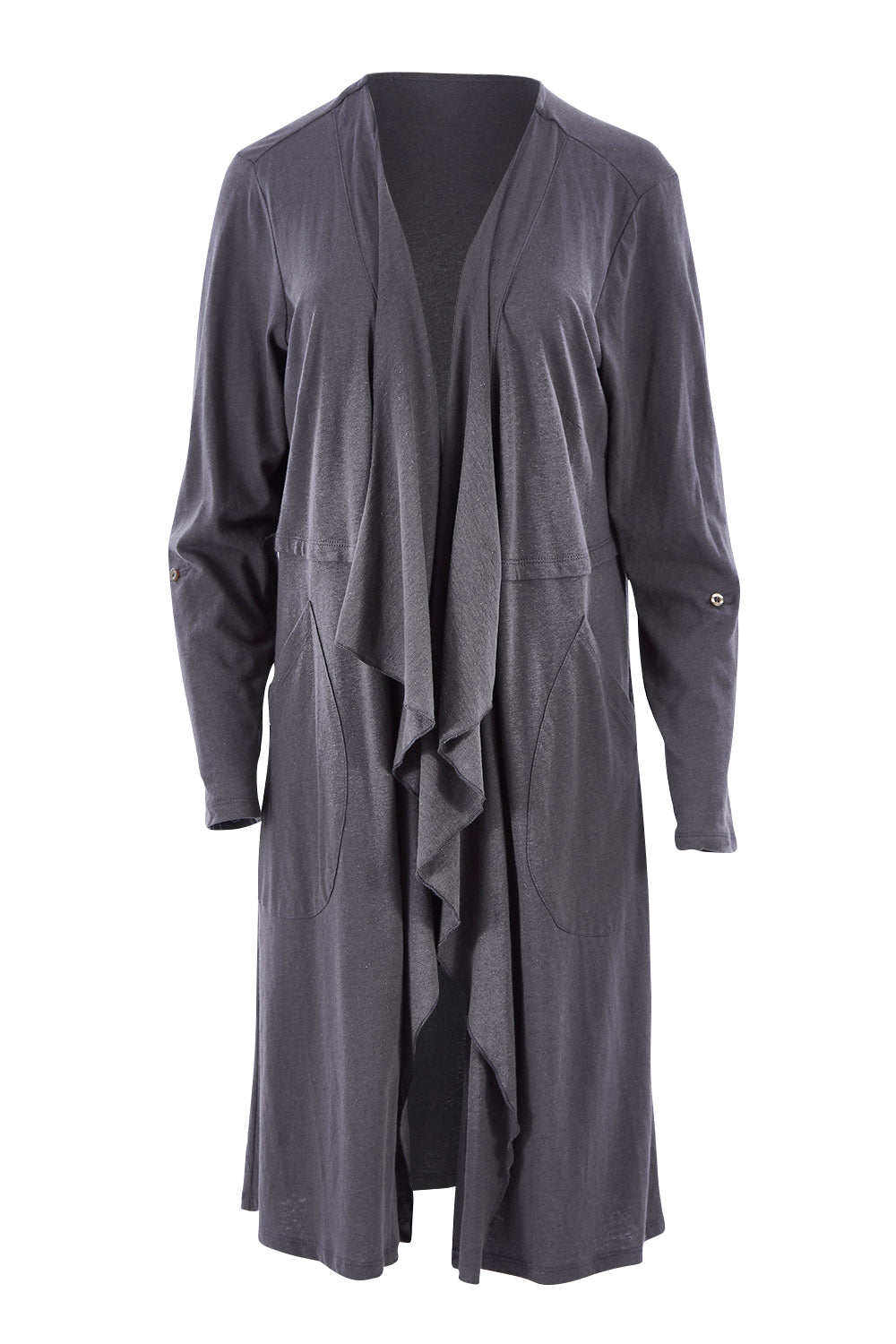 Product shot of the Elegant Slumming Cardi in colour Slate (Grey), detail