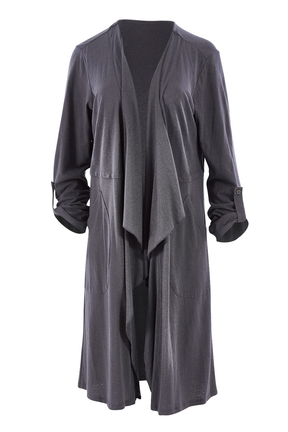 Product shot of the Elegant Slumming Cardi in colour Slate (Grey), from the front