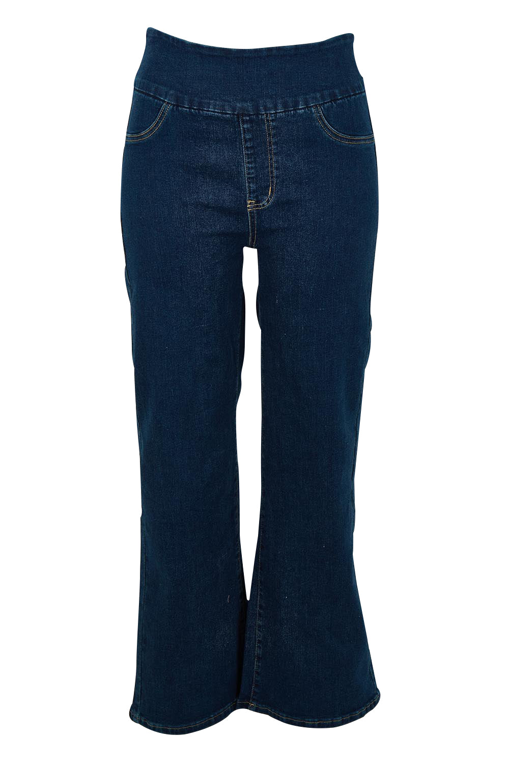 Product shot of the Easy As Plain Pull On Jeans in colour Darkdenim (Blue), from the front