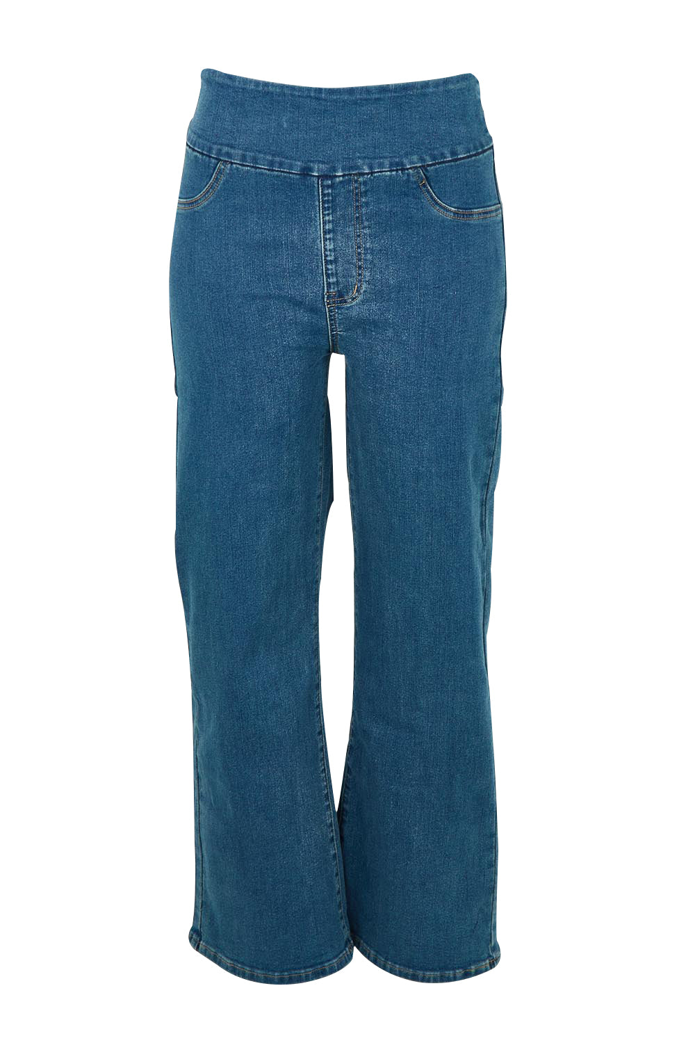 Product shot of the Easy As Plain Pull On Jeans in colour Denim (Blue), from the front