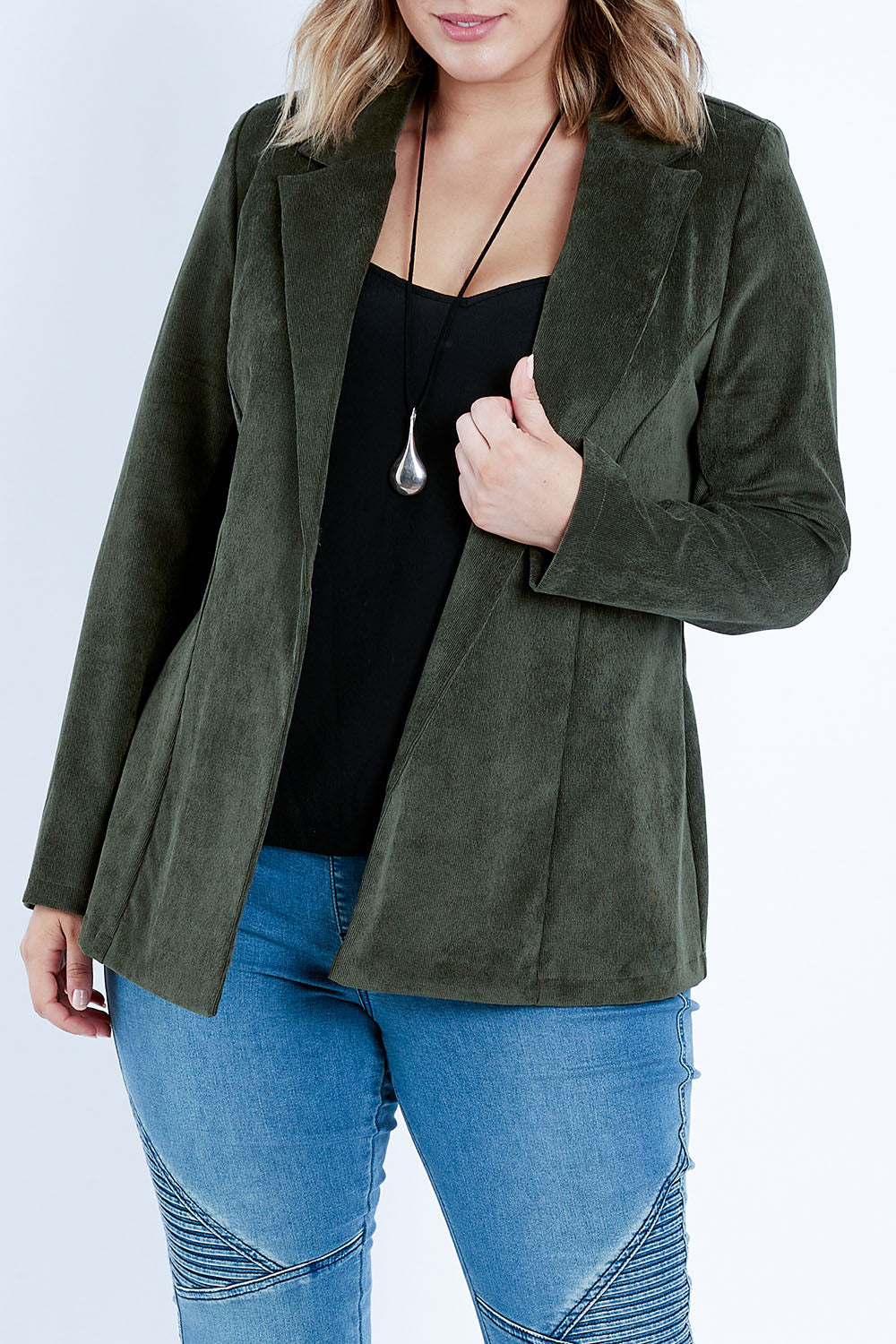 Model Jess wearing size 14 of the Highland Cord Blazer in colour Pine (Green), from the front, cropped image