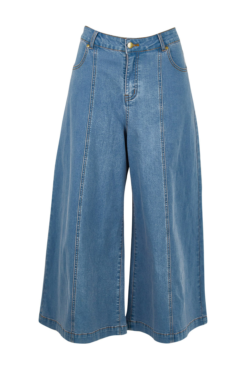 Product shot of the Running in Golden Fields Cropped Jeans in colour Denim (Blue), from the front