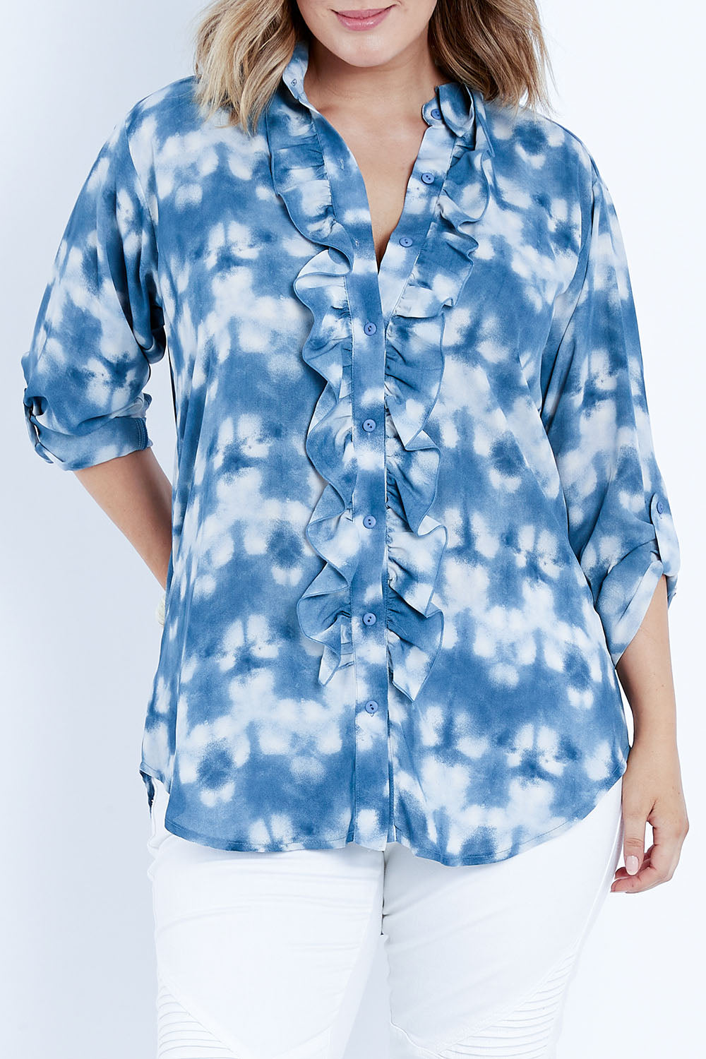 Model Jess wearing size 14 of the For The Frill Of It Shirt in colour Blue (Blue), from the front, cropped image